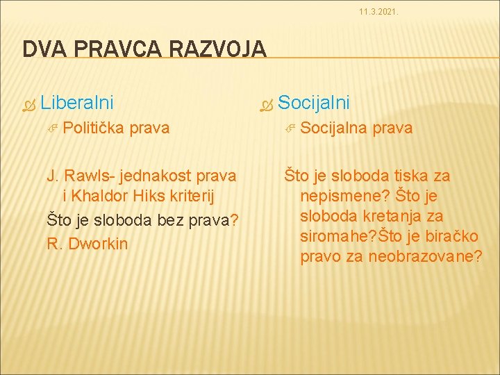 11. 3. 2021. DVA PRAVCA RAZVOJA Liberalni Socijalni Politička prava Socijalna prava J. Rawls-