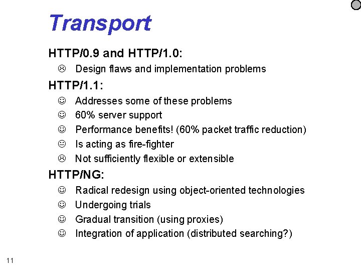 Transport HTTP/0. 9 and HTTP/1. 0: L Design flaws and implementation problems HTTP/1. 1: