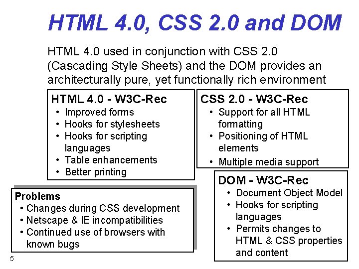 HTML 4. 0, CSS 2. 0 and DOM HTML 4. 0 used in conjunction