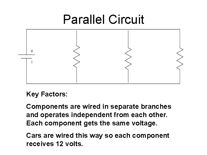 Parallel Circuit Key Factors: Components are wired in separate branches and operates independent from