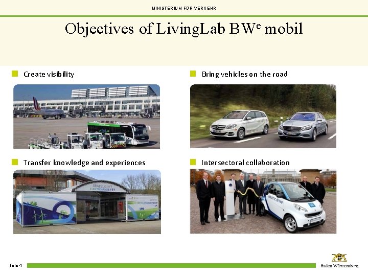 MINISTERIUM FÜR VERKEHR Objectives of Living. Lab BWe mobil Folie 4 Create visibility Bring