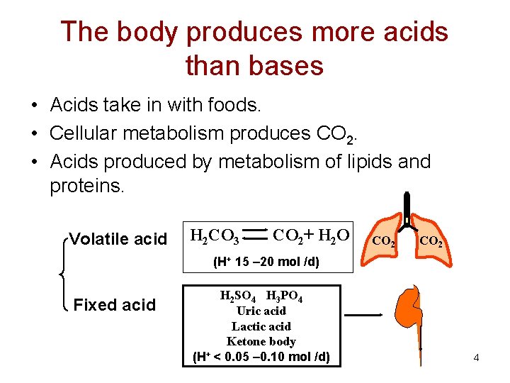 The body produces more acids than bases • Acids take in with foods. •