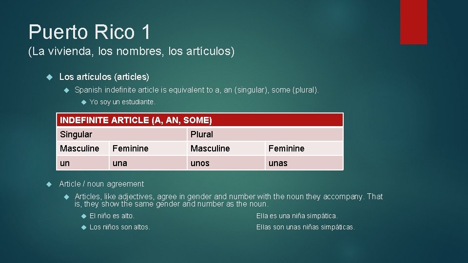 Puerto Rico 1 (La vivienda, los nombres, los artículos) Los artículos (articles) Spanish indefinite