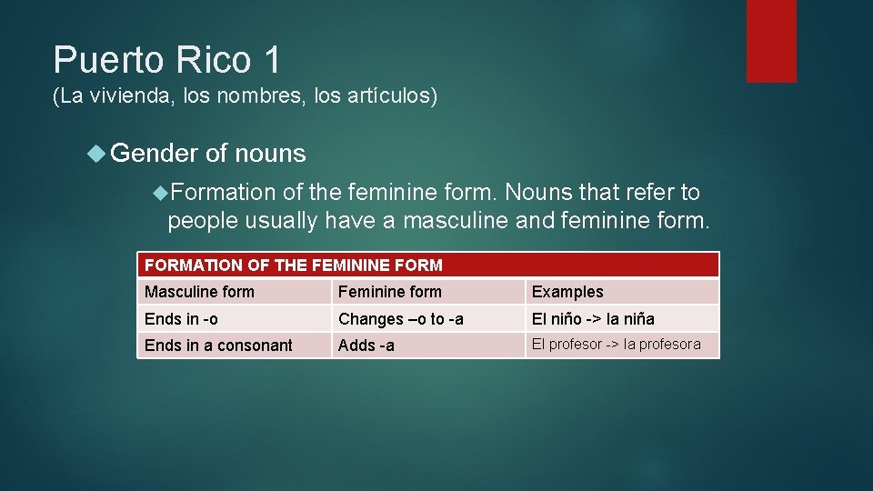 Puerto Rico 1 (La vivienda, los nombres, los artículos) Gender of nouns Formation of