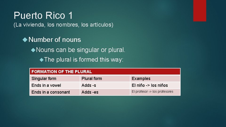 Puerto Rico 1 (La vivienda, los nombres, los artículos) Number Nouns The of nouns