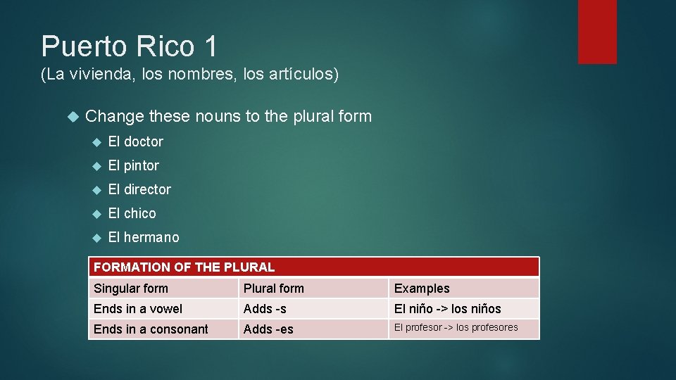 Puerto Rico 1 (La vivienda, los nombres, los artículos) Change these nouns to the