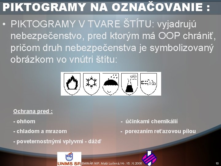 PIKTOGRAMY NA OZNAČOVANIE : • PIKTOGRAMY V TVARE ŠTÍTU: vyjadrujú nebezpečenstvo, pred ktorým má