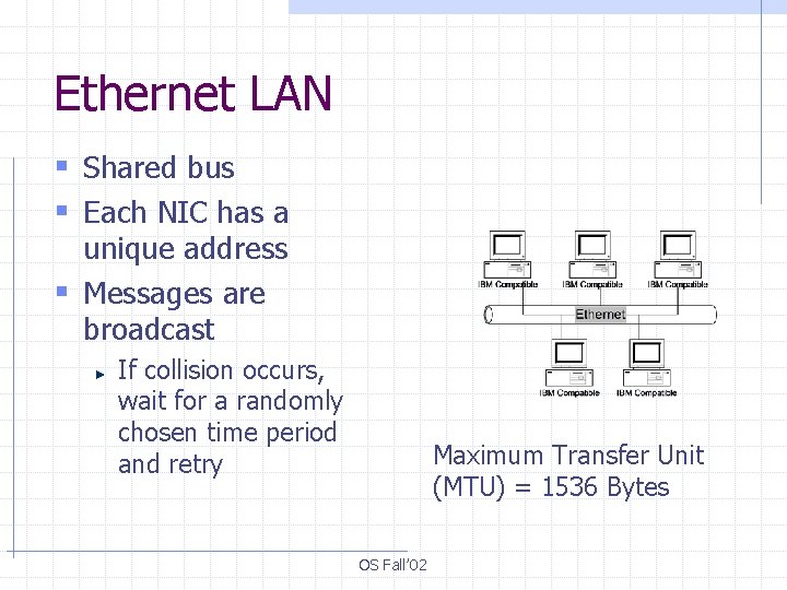 Ethernet LAN § Shared bus § Each NIC has a unique address § Messages
