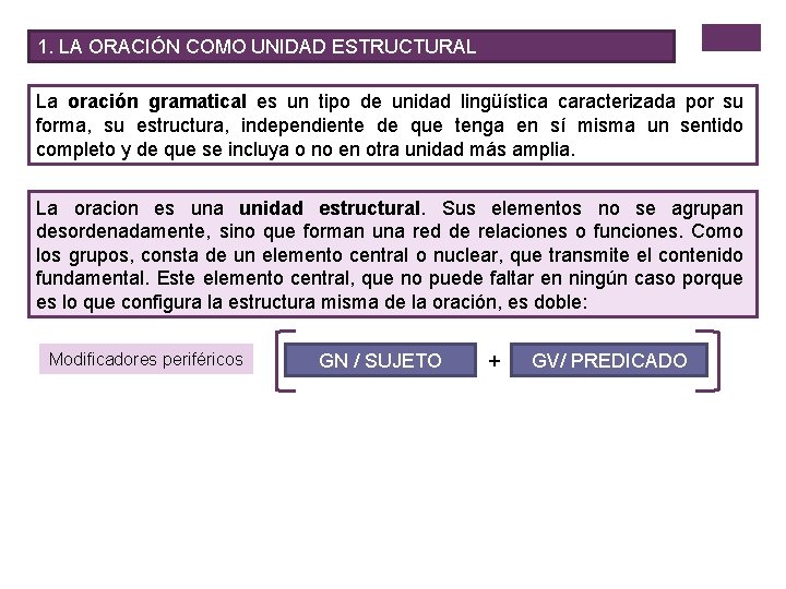 1. LA ORACIÓN COMO UNIDAD ESTRUCTURAL La oración gramatical es un tipo de unidad