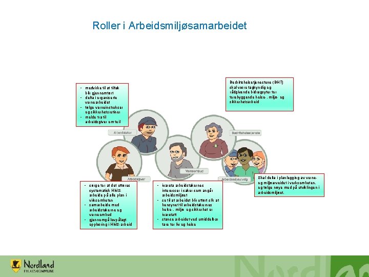 Roller i Arbeidsmiljøsamarbeidet Bedriftshelsetjenestene (BHT) skal være fagkyndig og rådgivende bidragsyter forebyggende helse-, miljø-