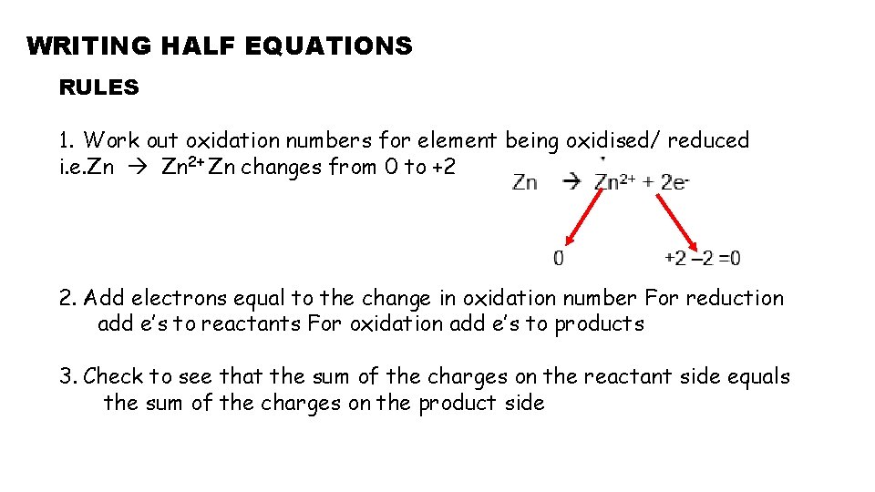 WRITING HALF EQUATIONS RULES 1. Work out oxidation numbers for element being oxidised/ reduced