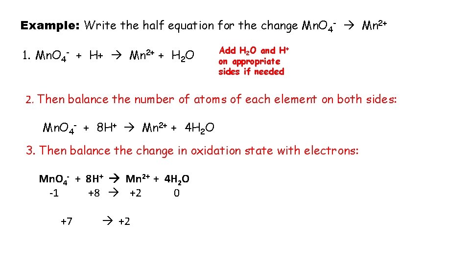 Example: Write the half equation for the change Mn. O 4 - Mn 2+