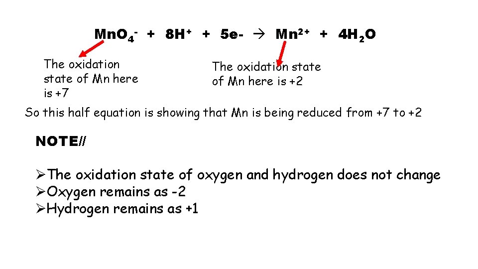 Mn. O 4 - + 8 H+ + 5 e- Mn 2+ + 4