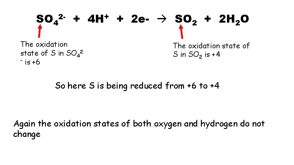 SO 42 - + 4 H+ + 2 e- SO 2 + 2 H