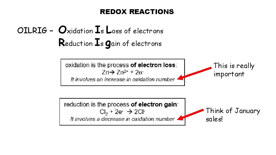 REDOX REACTIONS OILRIG – Oxidation Is Loss of electrons Reduction Is gain of electrons