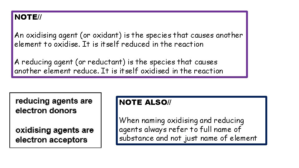 NOTE// An oxidising agent (or oxidant) is the species that causes another element to