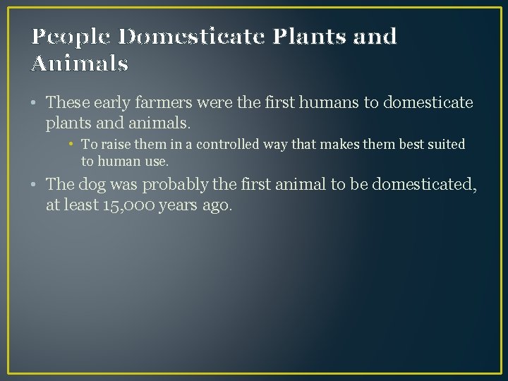 People Domesticate Plants and Animals • These early farmers were the first humans to