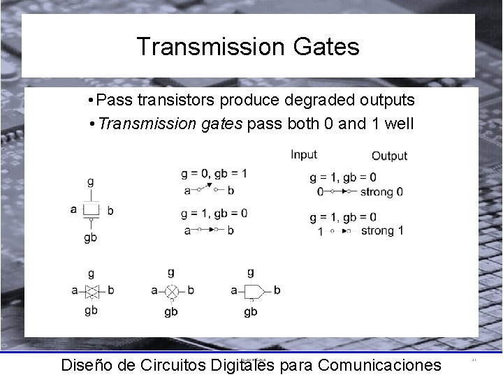 Transmission Gates • Pass transistors produce degraded outputs • Transmission gates pass both 0