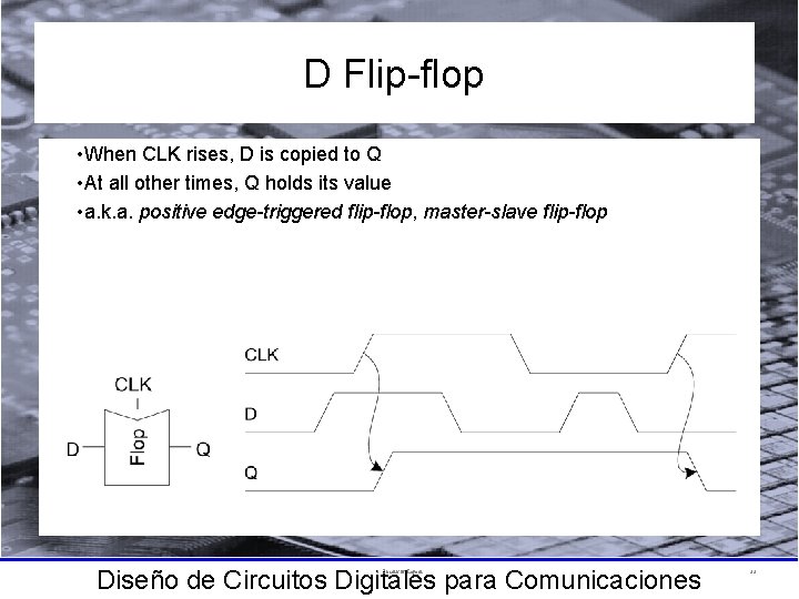 D Flip-flop • When CLK rises, D is copied to Q • At all