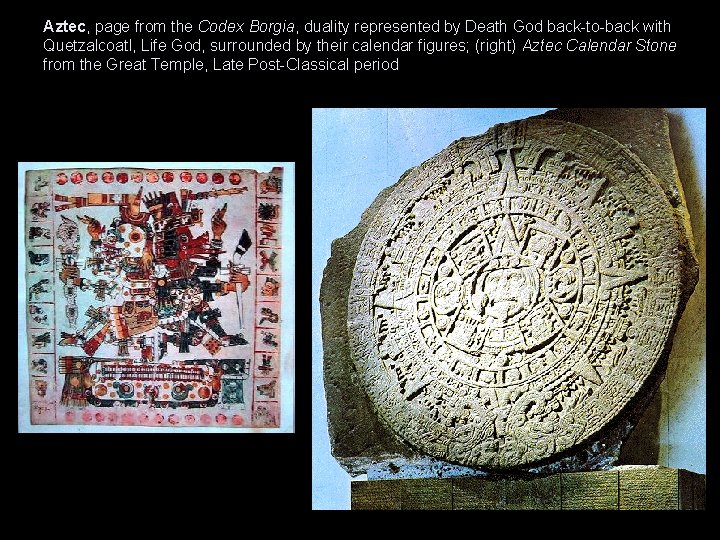 Aztec, page from the Codex Borgia, duality represented by Death God back-to-back with Quetzalcoatl,