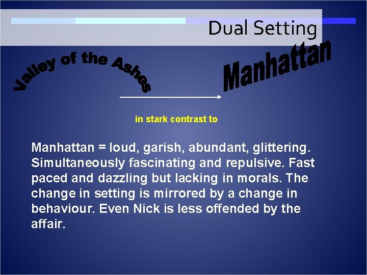 Dual Setting in stark contrast to Manhattan = loud, garish, abundant, glittering. Simultaneously fascinating