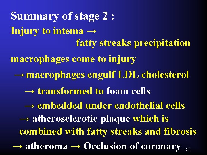 Summary of stage 2 : Injury to intema → fatty streaks precipitation macrophages come