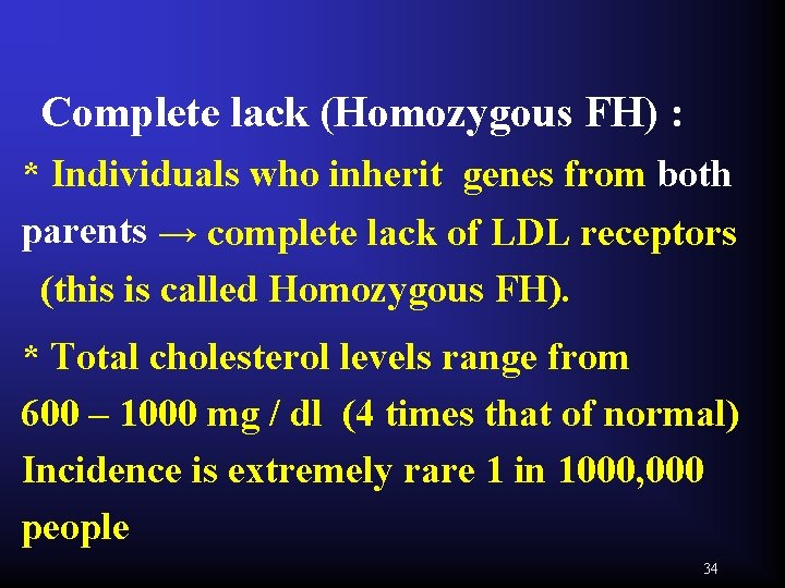 Complete lack (Homozygous FH) : * Individuals who inherit genes from both parents →