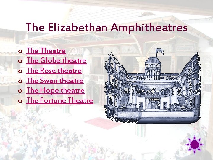 The Elizabethan Amphitheatres o o o Theatre The Globe theatre The Rose theatre The