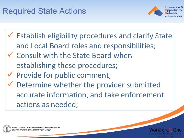 Required State Actions ü Establish eligibility procedures and clarify State and Local Board roles