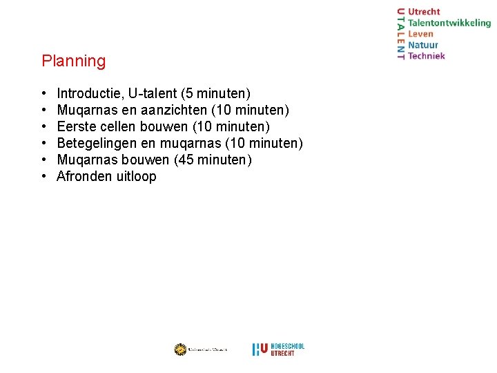 Planning • • • Introductie, U-talent (5 minuten) Muqarnas en aanzichten (10 minuten) Eerste