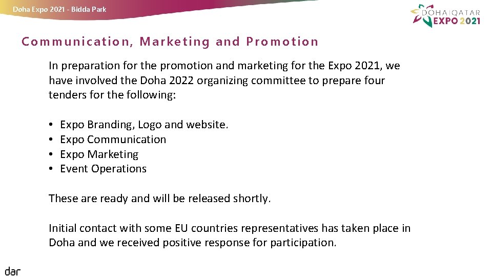 Doha Expo 2021 - Bidda Park Communication, Marketing and Promotion In preparation for the
