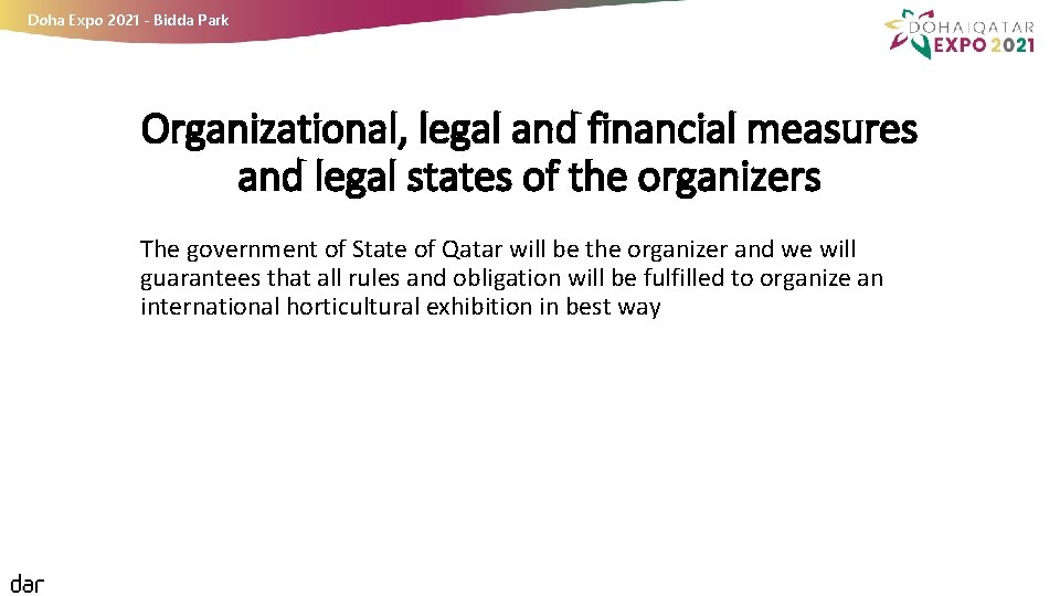 Doha Expo 2021 - Bidda Park Organizational, legal and financial measures and legal states