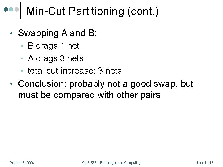 Min-Cut Partitioning (cont. ) • Swapping A and B: • B drags 1 net