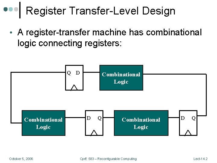 Register Transfer-Level Design • A register-transfer machine has combinational logic connecting registers: Q D