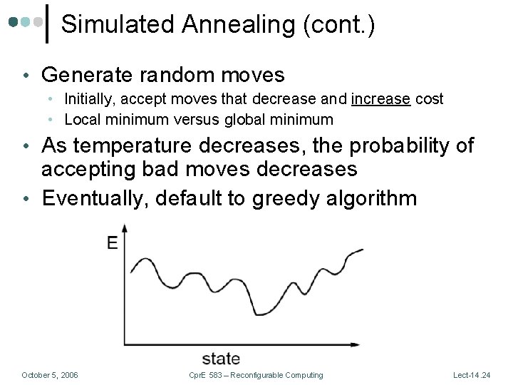 Simulated Annealing (cont. ) • Generate random moves • Initially, accept moves that decrease