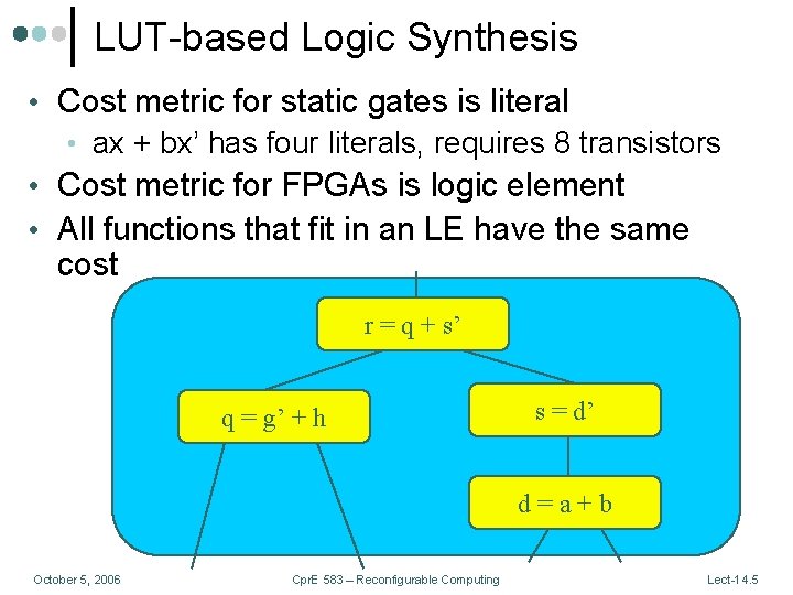 LUT-based Logic Synthesis • Cost metric for static gates is literal • ax +