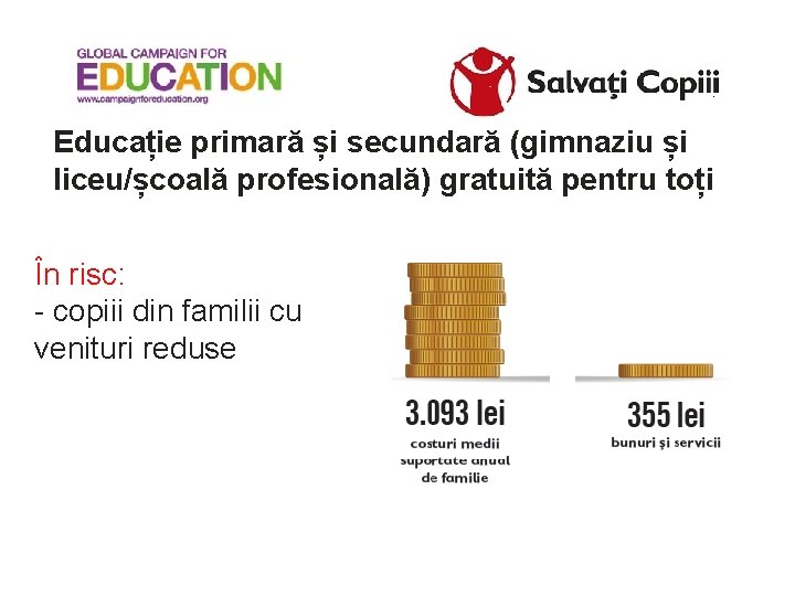 Educație primară și secundară (gimnaziu și liceu/școală profesională) gratuită pentru toți În risc: -