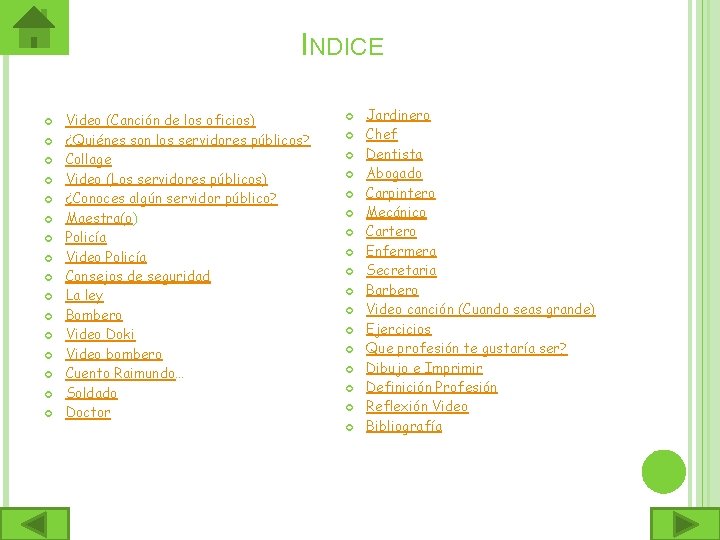 INDICE Video (Canción de los oficios) ¿Quiénes son los servidores públicos? Collage Video (Los