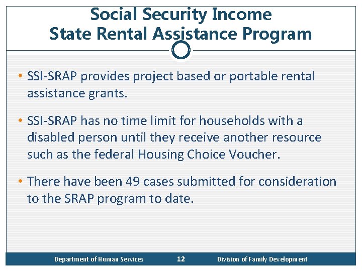 Social Security Income State Rental Assistance Program • SSI-SRAP provides project based or portable