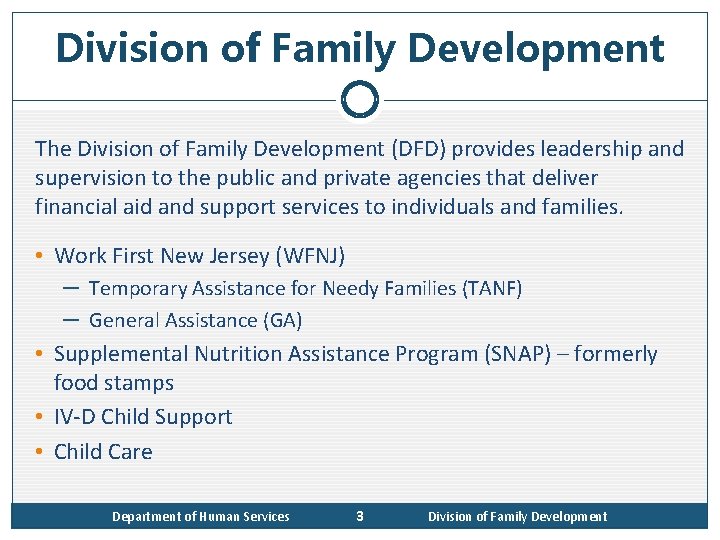 Division of Family Development The Division of Family Development (DFD) provides leadership and supervision