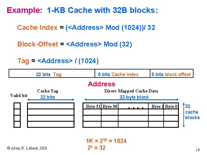 Example: 1 -KB Cache with 32 B blocks: Cache Index = (<Address> Mod (1024))/