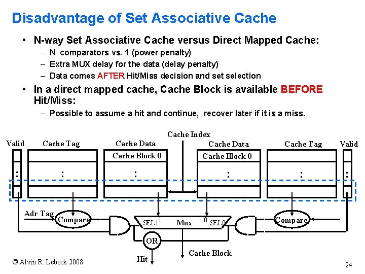 Disadvantage of Set Associative Cache • N-way Set Associative Cache versus Direct Mapped Cache: