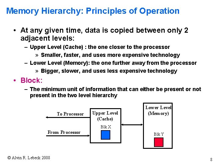 Memory Hierarchy: Principles of Operation • At any given time, data is copied between