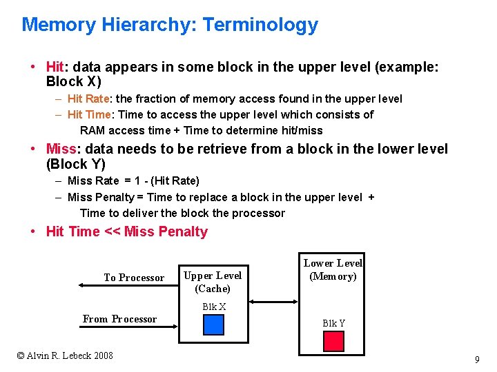 Memory Hierarchy: Terminology • Hit: data appears in some block in the upper level