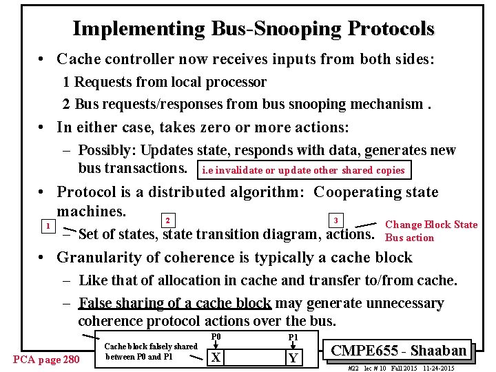 Implementing Bus-Snooping Protocols • Cache controller now receives inputs from both sides: 1 Requests