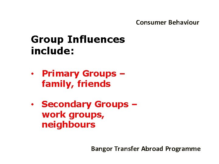 Consumer Behaviour Group Influences include: • Primary Groups – family, friends • Secondary Groups