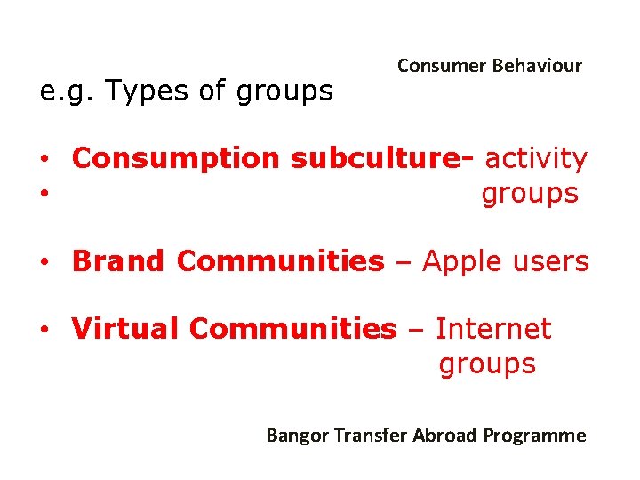 e. g. Types of groups Consumer Behaviour • Consumption subculture- activity • groups •