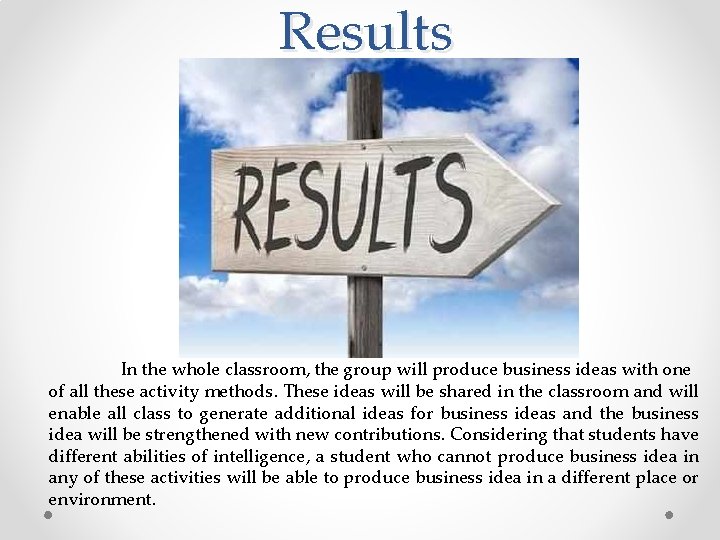 Results In the whole classroom, the group will produce business ideas with one of