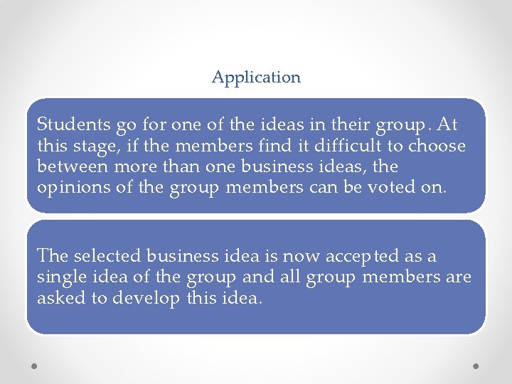 Application Students go for one of the ideas in their group. At this stage,