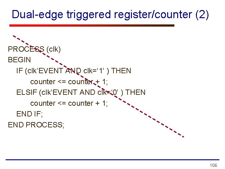 Dual-edge triggered register/counter (2) PROCESS (clk) BEGIN IF (clk’EVENT AND clk=‘ 1’ ) THEN